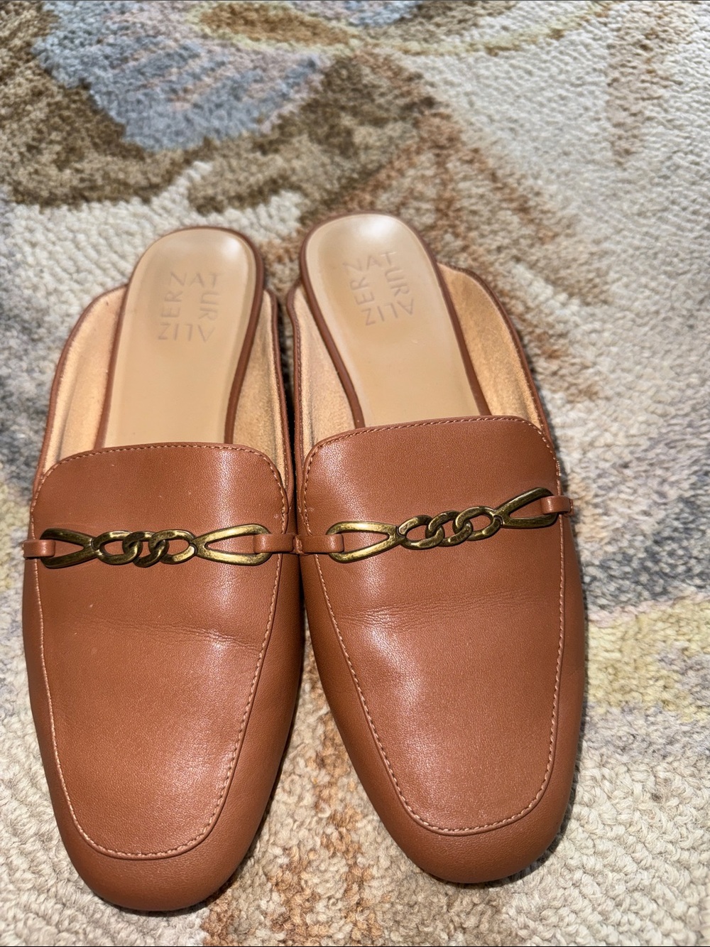 Naturalizer Brown Slip-On Loafers with Gold Chain Detail